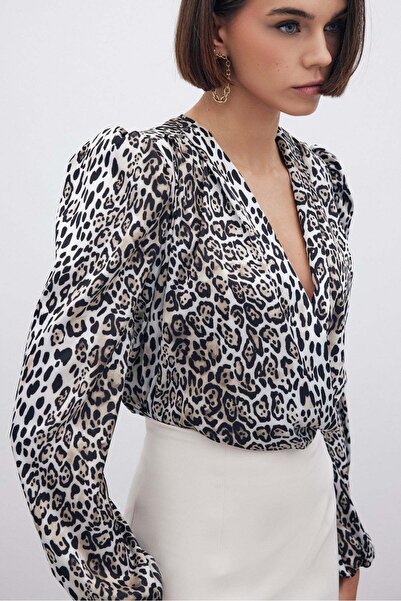 Sateen Leopar Desenli Bodysuit - Siyah