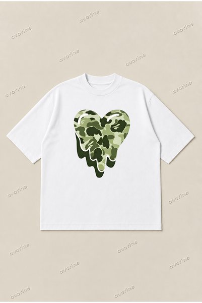 Moon Dancer Bape Green Heart Printed Oversize Boxy Cut Unisex 100% Cotton Tsh...