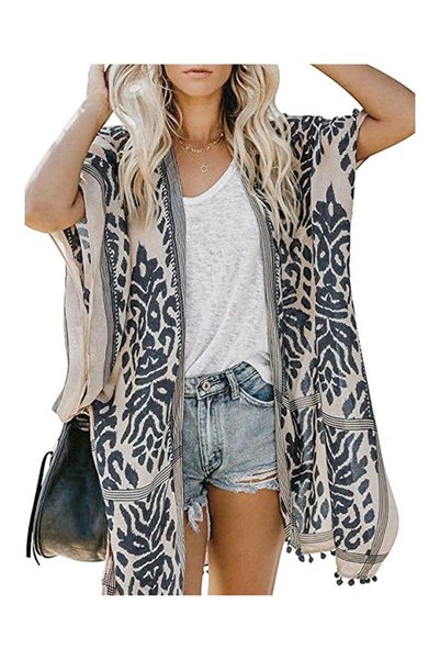 OtherMax Cardigan Feminin de Plajă Kimono Tunică Boho Bej-Bleumarin Oversize