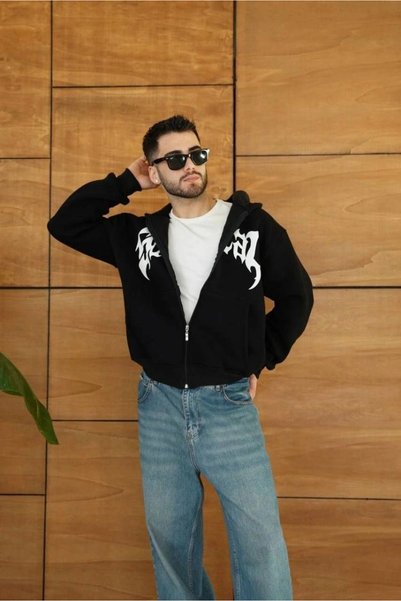 Marche Bien Men's Hooded 3 Thread Ş Fleece-Lined Front B Printed Zippered O O...