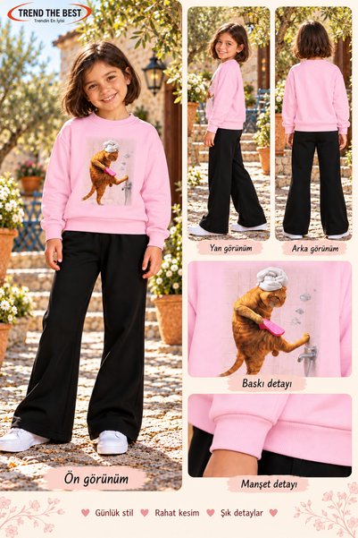 TREND THE BEST Trendin En İyisi Winter, Spring, and Autumn Girls' Black Spanish Flared Bottoms and Pink Sweat Top