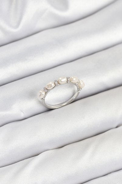 Angel Of Life Brass Silver Color Row Pearl Women's Ring