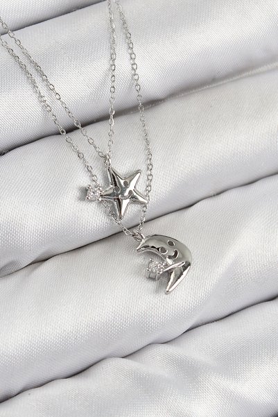 Angel Of Life Brass Zircon Stone Star and Moon Model Silver Color Women's Nec...