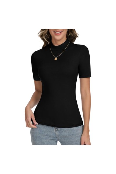 OtherMax Tricou Damă cu Gât Înalt Mânecă Scurtă Model Ajustat Elegant Negru XXL
