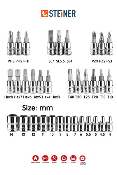 STEİNER 46 Parça 1/4 Cırcırlı Anahtar Takımı Bits Uç Lokma Set