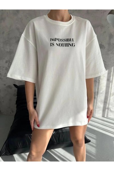 Marche Bien Women's Crew Neck Printed Oversized Short Sleeve T-Shirt - White