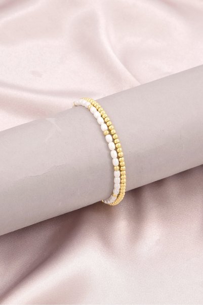 Tchibo Women 2 Pieces Pearl Bracelet Set, Gold