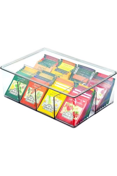 Generic Brand Large Plastic Tea Bag Storage Box with Lid and 8 Compartments