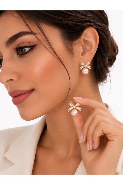Nevara Elegant Women's Bowknot Stud Earrings with a Prominent Pearl, Combinin...