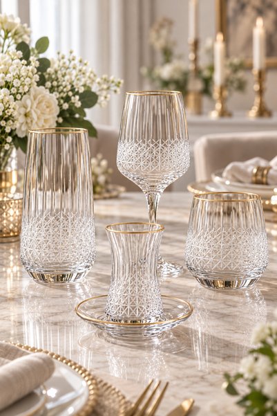 sglass 6 Kişilik 30 Parça Hasır El Dekor Gold Su Takımı, Bardak Seti