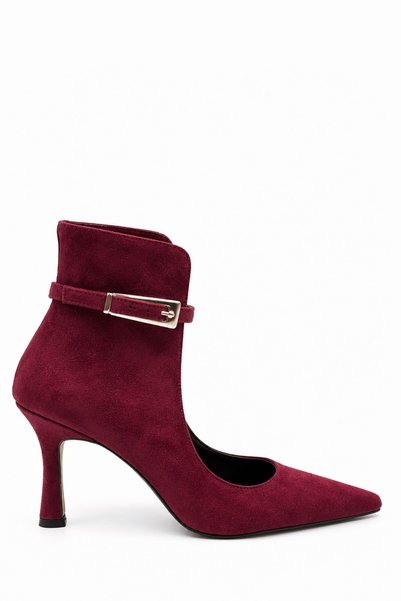 İX Caren Women's Suede Plum Pointed Toe Thin Heel Belt Detailed Windowed Stylish Women's Boots & Stiletto 9 cm Heel