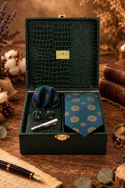 Kravatkolik Green Men's Gift Box - Tie, Handkerchief, Cufflinks, Tie Clip Set...