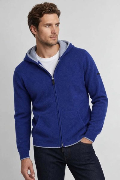 Silk and Cashmere Koyu Saks Mavi Scott Saf Kaşmir Kapüşonlu Hırka