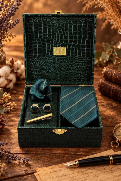 Kravatkolik Green Men's Gift Box - Tie, Handkerchief, Cufflinks, Tie Clip Set...