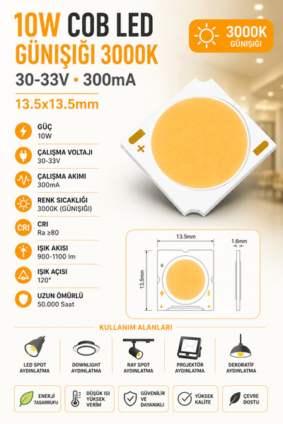 LEKOLED 10W COB LED GÜNIŞIĞI 3000K 30-33V 300mA 13.5*13.5mm 10 adet