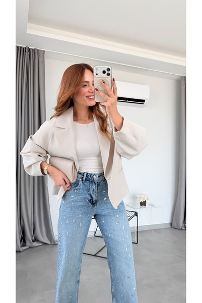 pelin yıldız butik Taş Rengi Adora Balon Kol Blazer Ceket