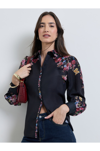 Styli قميص أسود بأكمام طويلة مزين بالزهور