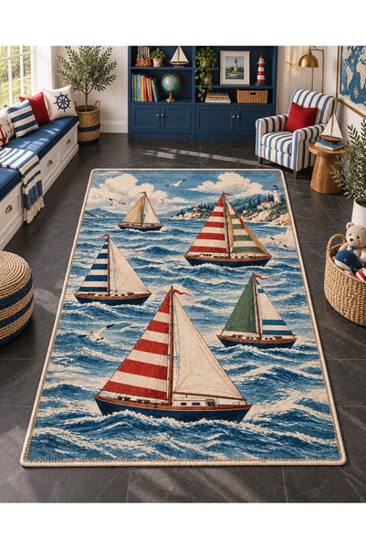 Rugs Modern Halı Eta Sailing Ship Sea Pattern Woven Base Carpet Eta4384