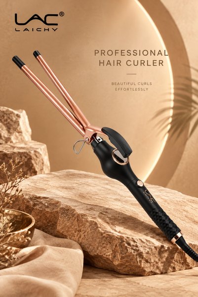 LAC Thin Barrel Ceramic Curling Iron, Rose Gold Slim Barrel Spring Clamp Hair Curler, Adjustable Temperature Professional Styling Wand for Tight Curls