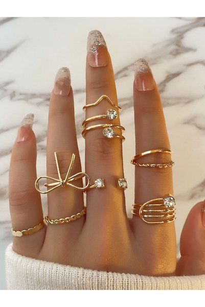 Take Two By Styli Pack of 8 - Gold Tone Rhinestone Embellished Rings