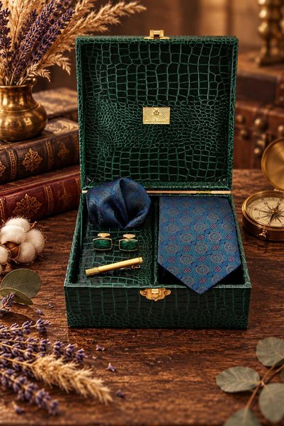 Kravatkolik Green Men's Gift Box - Tie, Handkerchief, Cufflinks, Tie Clip Set...