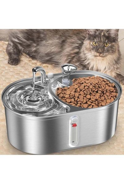 Arabest Dog, and Cat Water Fountain, 3.0l Stainless Steel 2-in-1 Food and Wat...