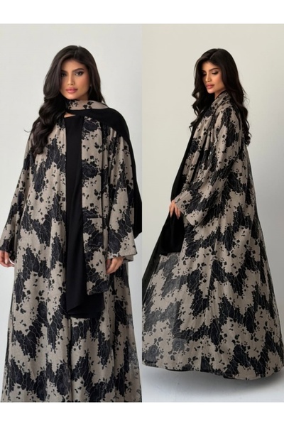 Classy She Apricot high-grade lace technology front opening Abaya- lace fabri...