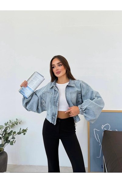 ASCA COLLECTİON جاكيت جينز بأكمام خفاشية