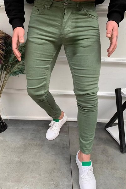 MODAMESTO Men's Khaki Jean Denim Trousers Slim Fit Lycra Narrow Leg 5 Pockets