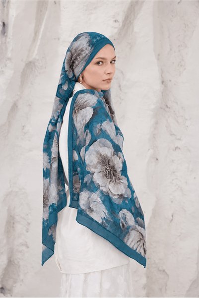 Hepsi Moda Peony Floral Pattern Cashmere Shawl - Petrol Blue & Gray