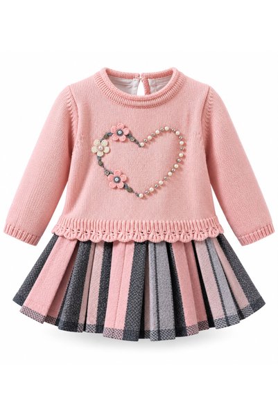 miss topkids Kız Çocuk Bebek Pembe Triko Ekose Etekli Şık Elbise