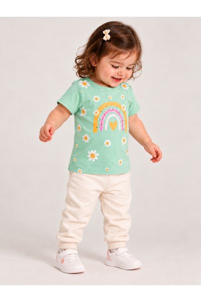 Styli Baby Girl Green Daisy Graphic Cotton T-Shirt