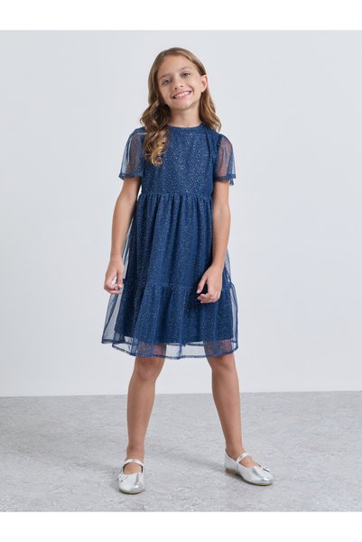 Styli Girls Navy Blue Tiered Glitter Mesh Dress