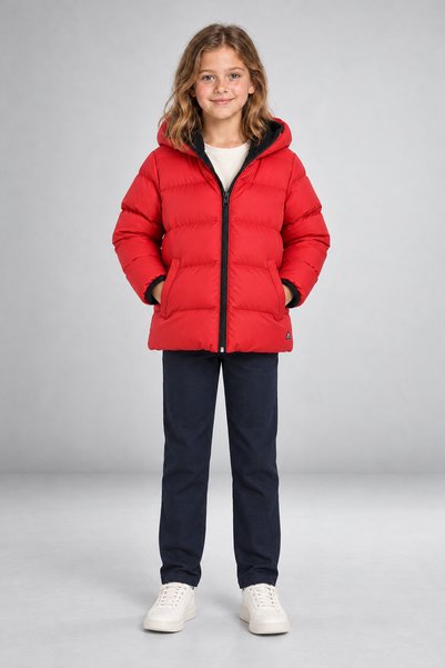 MYRAB DENİM Girl's Red Fleece Fur Hooded Windproof Inflatable Winter Coat