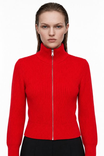 HAKKE High Collar Double Zipper Ribbed Knit Cardigan