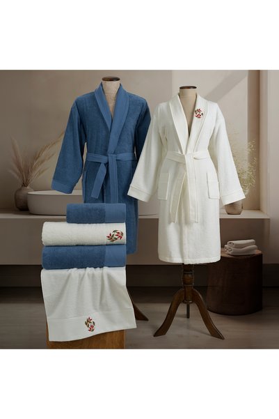 ALTINBAŞAK TEKSTİL Vella 100% cotton embroidered family bathrobe set - petrol...