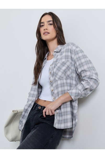 Styli Grey Longline Plaid Shirt with Pockets
