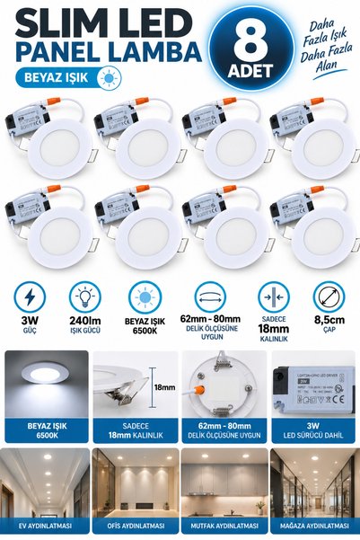 Binbirreyon 8 Adet Gömme Led Slim Spot Lamba Beyaz Işık 3W 240Lm 85mm JB087
