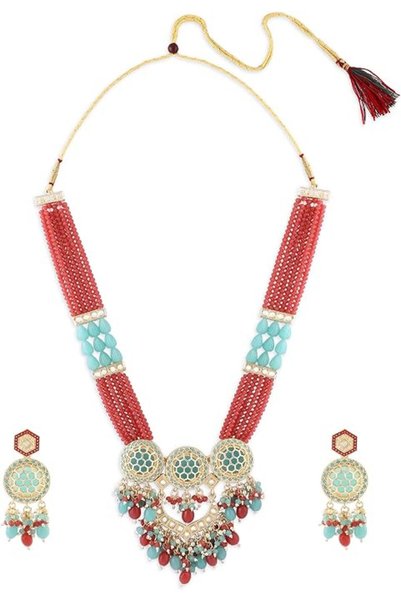 ZAVERI PEARLS طقم عقد طويل مرصع بالخرز متعدد الطبقات باللونين الأزرق السماوي ...