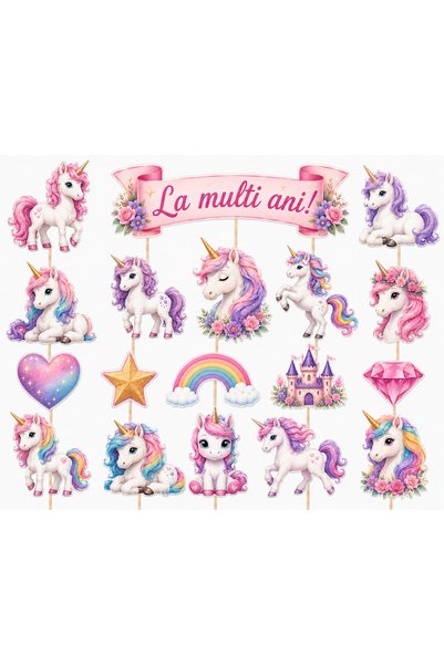 DecoParty Set de decorațiuni pentru tort – Tematică Unicorn Pastel, 18 piese,...
