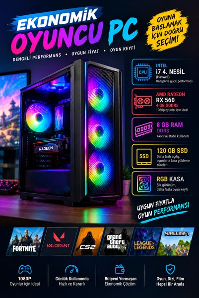 thekam RGB Oyuncu PC | i7 4. Nesil | RX 560 4 GB | 8 GB RAM | 120 GB SSD | Ek...