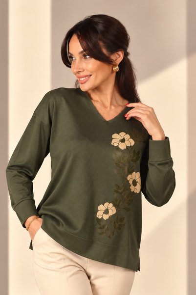 By Saygı Women's V-Neck Floral-Leaf Patterned Long-Sleeved Blouse