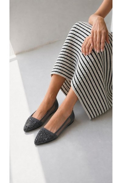 Hepsi Moda Platinum Square Stone Satin Ballerinas - Anthracite