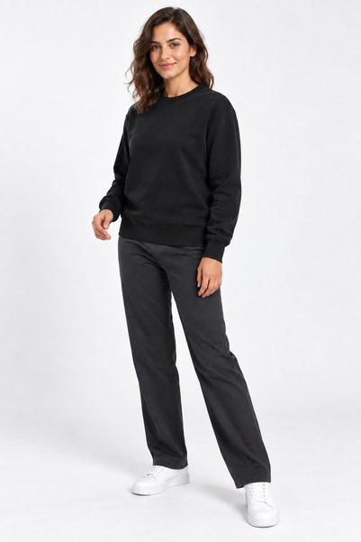 BADESSA Women's Black Crew Neck Sweatshirt Regular Winter 3 Thread Soft Puff ...