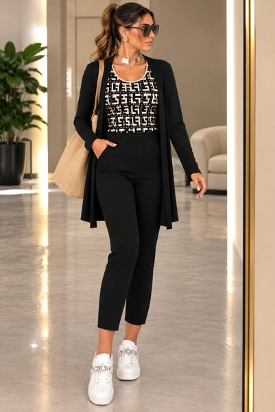 Sisa Butik Kadın Uzun Kollu Krep 3'lü Takım – Desenli Bluz, Uzun Hırka ve Pan...