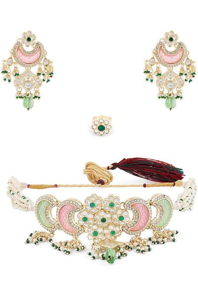 ZAVERI PEARLS طقم قلادة كوندان متعدد الطبقات مع خرز أحجار وردية وخضراء وأقراط...