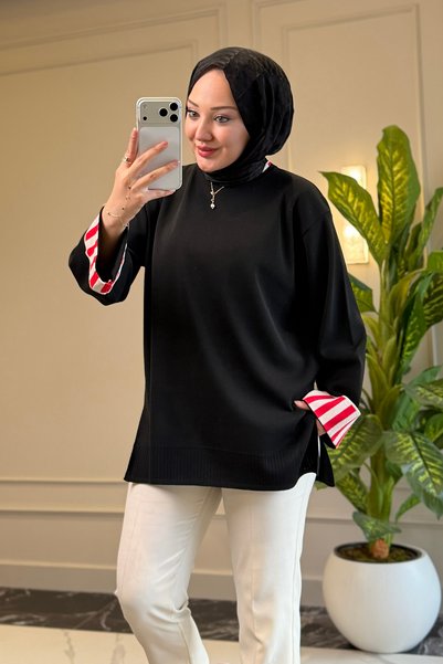 Suede Style 44478 - سترة نسائية أنيقة ومريحة من الرايون بتفاصيل أكمام مخططة و...