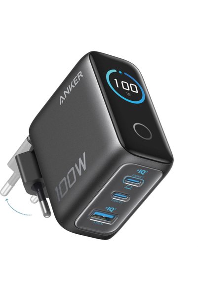 Anker Încărcător de rețea 100W, 2x USB-C, 1x USB-A, Smart-Display, Gri