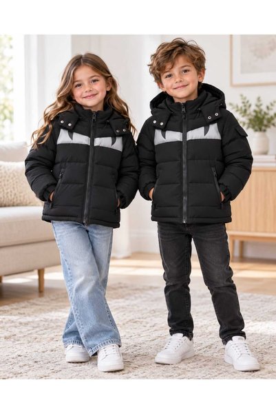 Generic Brand Geacă de iarnă copii unisex, neagră cu detalii albe, matlasată,...