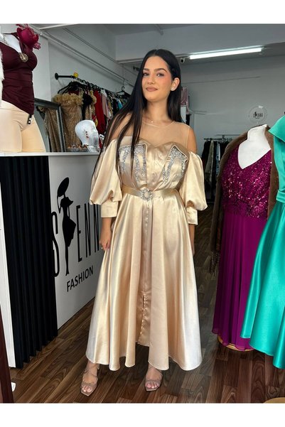 Sienna Fashion Rochie crem eleganta de seara, de ocazie, cu aplicatii straluc...